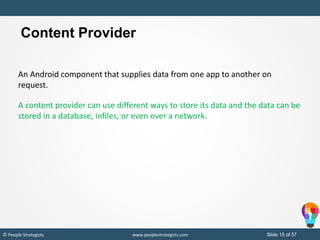Slide 15 of 19© People Strategists www.peoplestrategists.com Slide 15 of 57© People Strategists www.peoplestrategists.com
Content Provider
An Android component that supplies data from one app to another on
request.
A content provider can use different ways to store its data and the data can be
stored in a database, infiles, or even over a network.
 