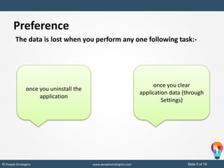 Slide 5 of 19© People Strategists www.peoplestrategists.com
Preference
once you uninstall the
application
once you clear
application data (through
Settings)
The data is lost when you perform any one following task:-
 