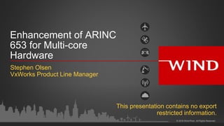 © 2016 Wind River. All Rights Reserved.
Enhancement of ARINC
653 for Multi-core
Hardware
Stephen Olsen
VxWorks Product Line Manager
This presentation contains no export
restricted information.
 
