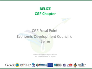 BELIZE
CGF Chapter

CGF Focal Point:
Economic Development Council of
Belize

Caribbean Growth Forum Regional Workshop
June 24-25, 2013 Nassau, The Bahamas

 