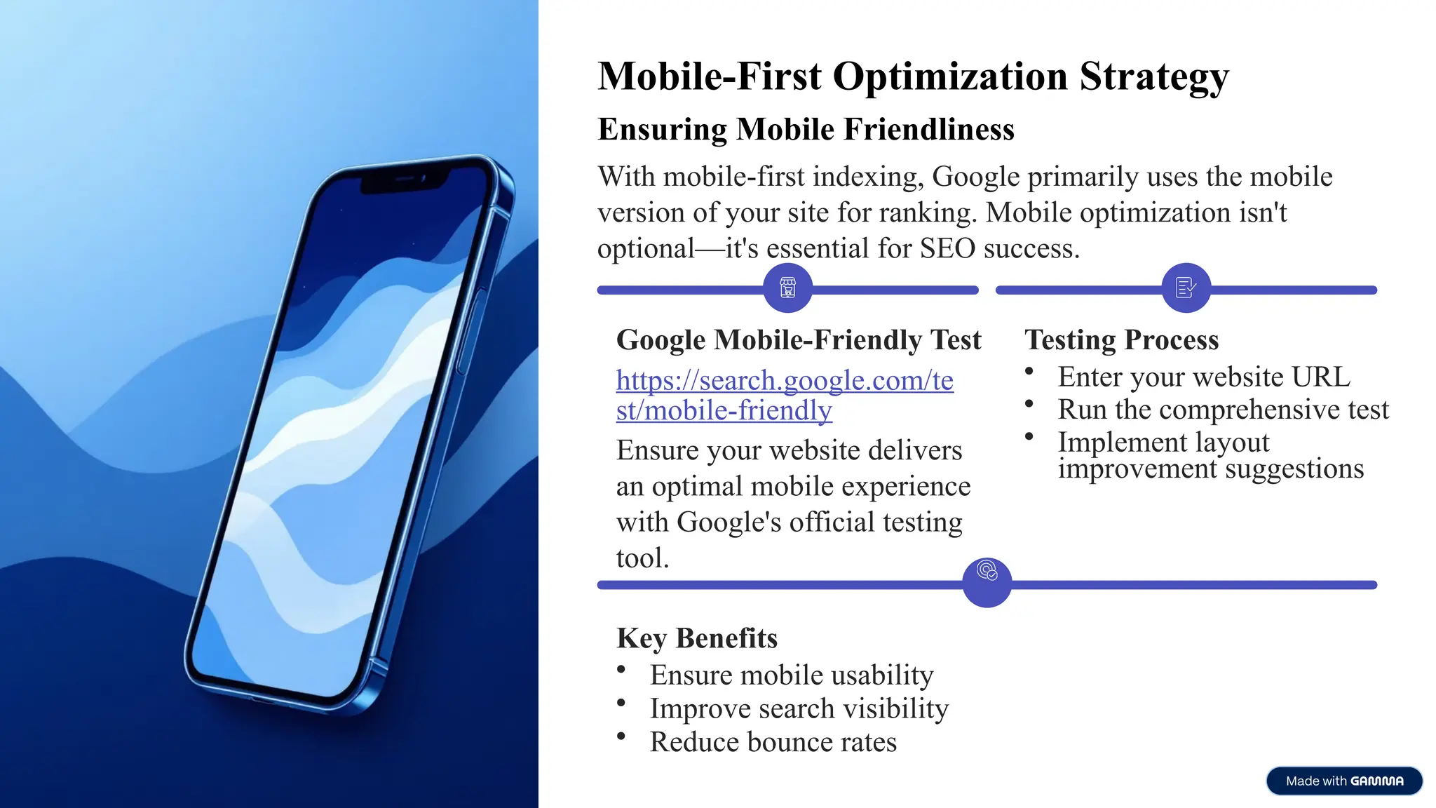 Mobile-First Optimization Strategy
Ensuring Mobile Friendliness
With mobile-first indexing, Google primarily uses the mobile
version of your site for ranking. Mobile optimization isn't
optional—it's essential for SEO success.
Google Mobile-Friendly Test
https://search.google.com/te
st/mobile-friendly
Ensure your website delivers
an optimal mobile experience
with Google's official testing
tool.
Testing Process
• Enter your website URL
• Run the comprehensive test
• Implement layout
improvement suggestions
Key Benefits
• Ensure mobile usability
• Improve search visibility
• Reduce bounce rates
 