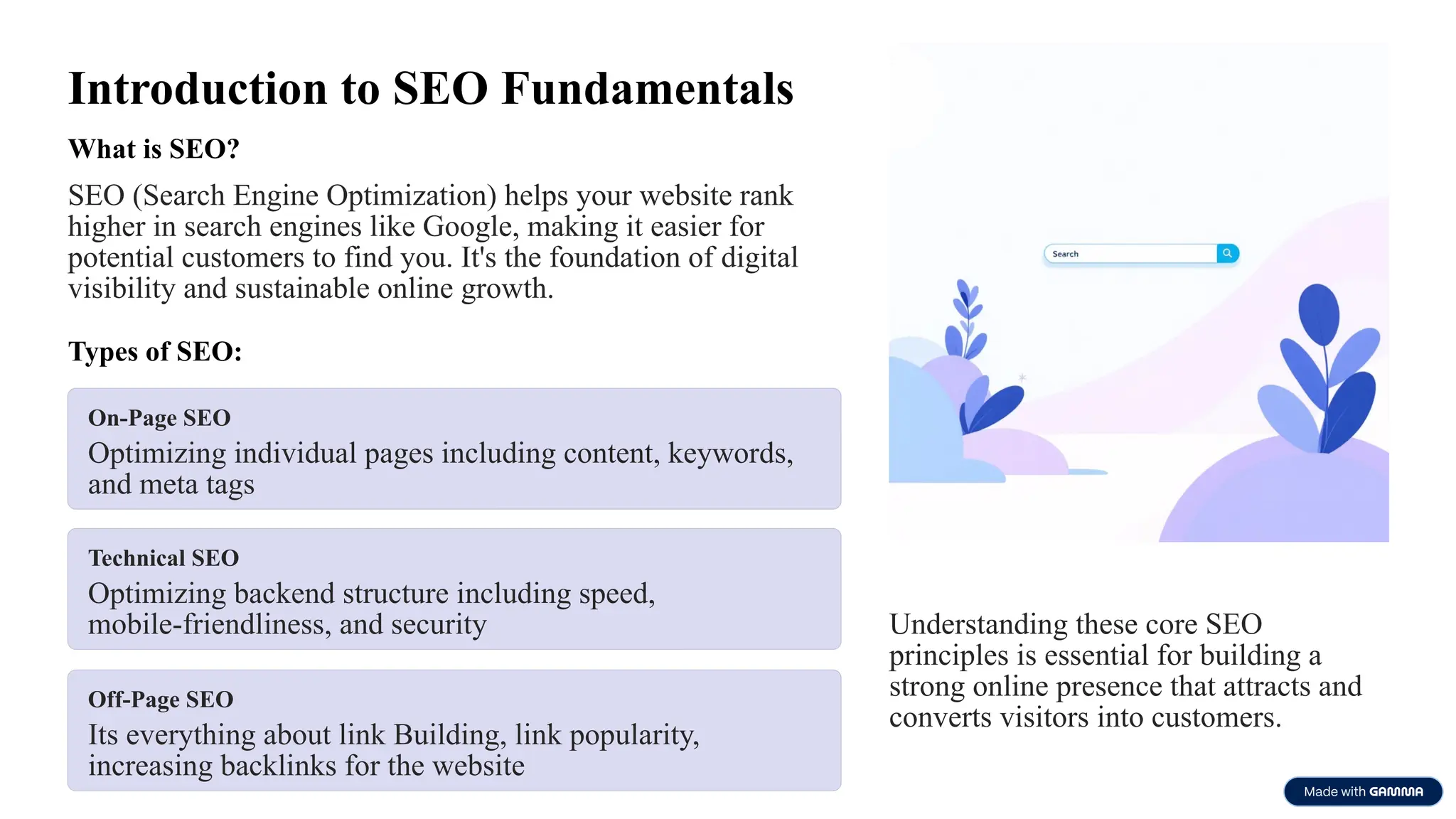 Introduction to SEO Fundamentals
What is SEO?
SEO (Search Engine Optimization) helps your website rank
higher in search engines like Google, making it easier for
potential customers to find you. It's the foundation of digital
visibility and sustainable online growth.
Types of SEO:
On-Page SEO
Optimizing individual pages including content, keywords,
and meta tags
Technical SEO
Optimizing backend structure including speed,
mobile-friendliness, and security Understanding these core SEO
principles is essential for building a
strong online presence that attracts and
converts visitors into customers.
Off-Page SEO
Its everything about link Building, link popularity,
increasing backlinks for the website
 