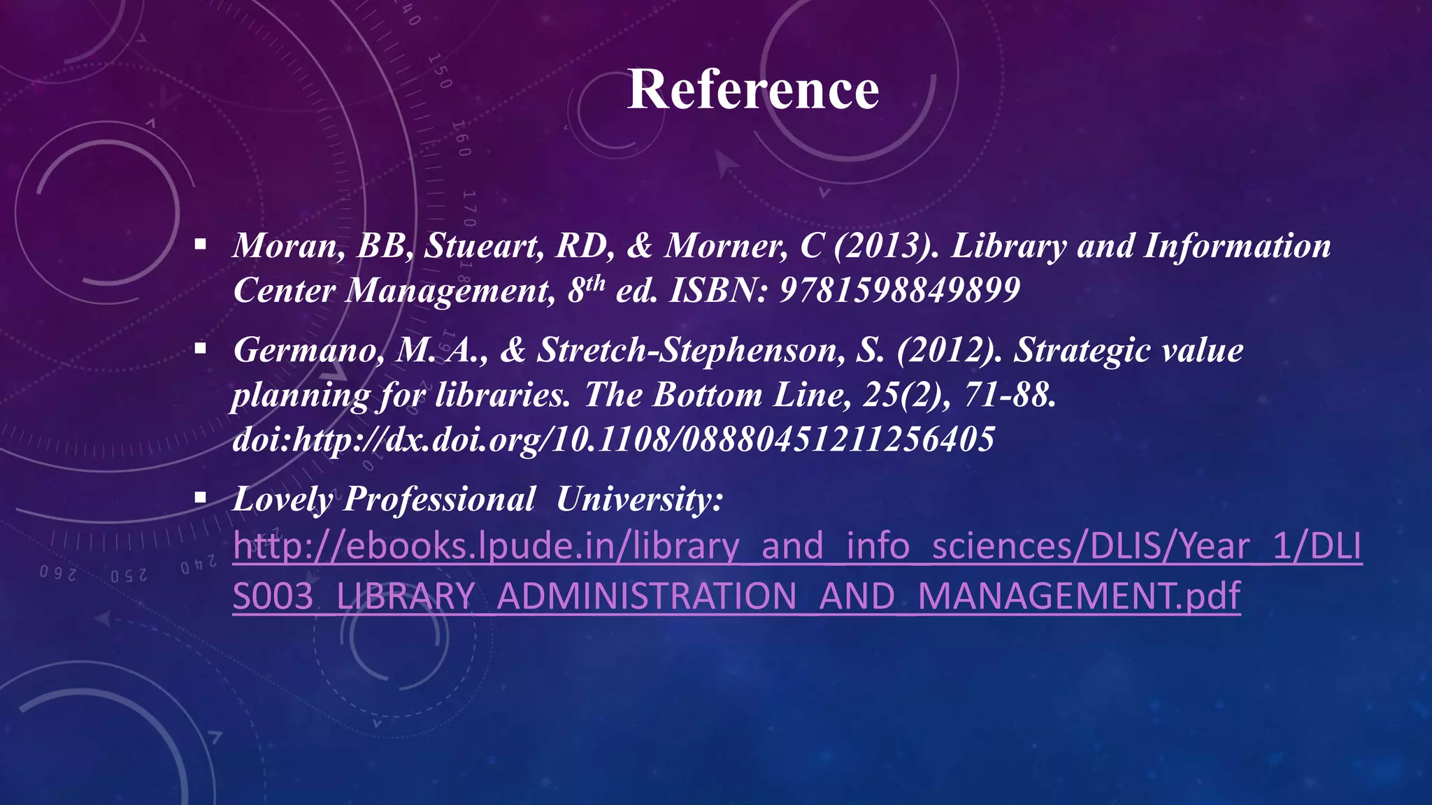 Reference
 Moran, BB, Stueart, RD, & Morner, C (2013). Library and Information
Center Management, 8th ed. ISBN: 9781598849899
 Germano, M. A., & Stretch-Stephenson, S. (2012). Strategic value
planning for libraries. The Bottom Line, 25(2), 71-88.
doi:http://dx.doi.org/10.1108/08880451211256405
 Lovely Professional University:
http://ebooks.lpude.in/library_and_info_sciences/DLIS/Year_1/DLI
S003_LIBRARY_ADMINISTRATION_AND_MANAGEMENT.pdf
 