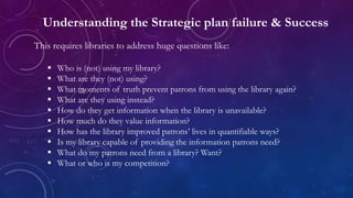 Understanding the Strategic plan failure & Success
This requires libraries to address huge questions like:
 Who is (not) using my library?
 What are they (not) using?
 What moments of truth prevent patrons from using the library again?
 What are they using instead?
 How do they get information when the library is unavailable?
 How much do they value information?
 How has the library improved patrons’ lives in quantifiable ways?
 Is my library capable of providing the information patrons need?
 What do my patrons need from a library? Want?
 What or who is my competition?
 