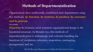 Methods of Departmentalization
Organizations have traditionally established their departments using
five methods: by function, by territory, by product, by customer
and by process.
One example
Function: In business, most common organizational design is the
functional structure. In libraries too, this methods of
departmentalization is widespread, with subunits handling the
functions of circulation, reference, acquisition, cataloguing,
management, and etc.
LIS 602 Resource Management in Library & Information Centers
 