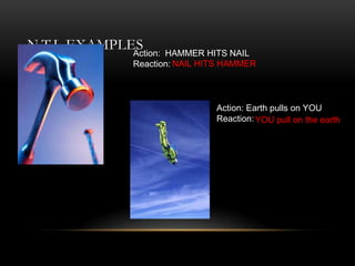 N.T.L EXAMPLES
             Action:  HAMMER HITS NAIL
               Reaction: NAIL HITS HAMMER



                                Action: Earth pulls on YOU
                                Reaction: YOU pull on the earth
 
