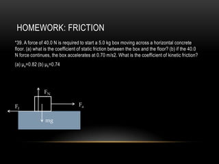 HOMEWORK: FRICTION
*39. A force of 40.0 N is required to start a 5.0 kg box moving across a horizontal concrete
floor. (a) what is the coefficient of static friction between the box and the floor? (b) if the 40.0
N force continues, the box accelerates at 0.70 m/s2. What is the coefficient of kinetic friction?
(a) μs=0.82 (b) μk=0.74




               FN

Ff                                Fa

                mg
 