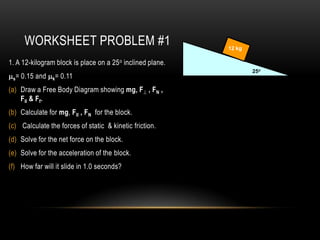 WORKSHEET PROBLEM #1                                 12 kg

1. A 12-kilogram block is place on a 25 o inclined plane.
                                                                    25o
 s=   0.15 and   k=   0.11
(a) Draw a Free Body Diagram showing mg, F , FN ,
    FII & Ff.
(b) Calculate for mg, FII , FN for the block.
(c) Calculate the forces of static & kinetic friction.
(d) Solve for the net force on the block.
(e) Solve for the acceleration of the block.
(f) How far will it slide in 1.0 seconds?
 