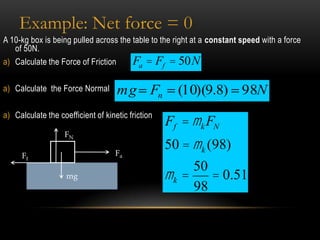 Example: Net force = 0
A 10-kg box is being pulled across the table to the right at a constant speed with a force
   of 50N.
a) Calculate the Force of Friction     Fa = Ff = 50N

a) Calculate the Force Normal       mg Fn            (10)(9.8) 98N
a) Calculate the coefficient of kinetic friction
                                                   Ff = mk FN
                   FN

                                    Fa
                                                   50 = m k (98)
      Ff
                                                        50
                    mg                             m k = = 0.51
                                                        98
 