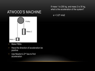 If mass 1 is 200 kg, and mass 2 is 30 kg,
                                          what is the acceleration of the system?
ATWOOD’S MACHINE
                                            a = 3.27 m/s2




• Make FBDs
• Have the direction of acceleration be
  positive
• Use Newton’s 2 nd law to find
  acceleration
 