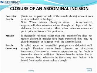 Training
Training
Manual
Posterior
Fascia
(fascia on the posterior side of the muscle sheath) where it does
exist, is included in this layer.
Note: Where extreme obesity or stress is encountered,
surgeon will place retention sutures through all layers of the
abdomen for extra security. Most often, retention sutures are
put in prior to closure of the peritoneum.
Muscle Is frequently reflected rather than cut, and therefore does not
require closure. If muscles have been transected they may be
closed separately or together with the anterior fascia.
Fascia
(anterior)
Is relied upon to re-establish postoperative abdominal wall
strength. Therefore, anterior fascia closures are of extreme
importance. Care must be taken in approximating the fascia to
insure that there is sufficient distance from the incision line to
the closure bite, otherwise the fascia may tear before it is
healed from sudden stress such as a cough.
 