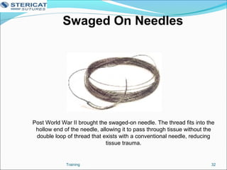 Swaged On Needles
Post World War II brought the swaged-on needle. The thread fits into the
hollow end of the needle, allowing it to pass through tissue without the
double loop of thread that exists with a conventional needle, reducing
tissue trauma.
32Training
 