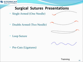 Surgical Sutures Presentations
• Single Armed (One Needle)
• Double Armed (Two Needle)
• Loop Suture
• Pre-Cuts (Ligatures)
49
Trainning
 