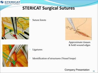 STERICAT Surgical Sutures
• Suture knots
Approximate tissues
& hold wound edges
• Ligatures
• Identification of structures (Vessel loops)
52
Company Presentation
 