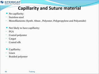 Capillarity and Suture material
 No capillarity:
• Stainless steel
• Monofilaments (Synth. Absor., Polyester, Polypropylene and Polyamide)
 Not likely to have capillarity:
• PGA
• Coated polyester
• Catgut
• Coated silk
 Capillarity:
• Linen
• Braided polyester
Training69
 