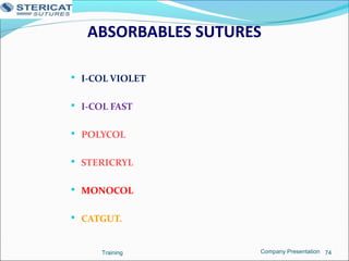ABSORBABLES SUTURES
 I-COL VIOLET
 I-COL FAST
 POLYCOL
 STERICRYL
 MONOCOL
 CATGUT.
Training 74Company Presentation
 