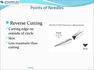 Points of Needles
Reverse Cutting
Cutting edge on
outside of circle
Skin
Less traumatic than
cutting
1Training
 