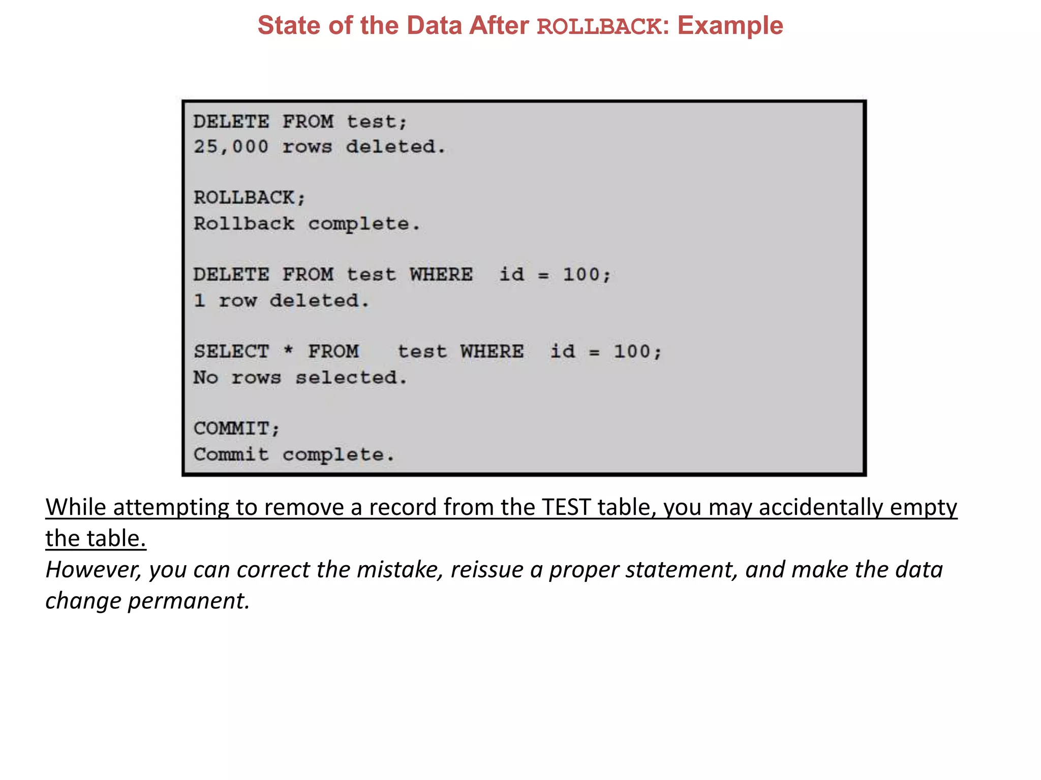 State of the Data After ROLLBACK: Example
While attempting to remove a record from the TEST table, you may accidentally empty
the table.
However, you can correct the mistake, reissue a proper statement, and make the data
change permanent.
 
