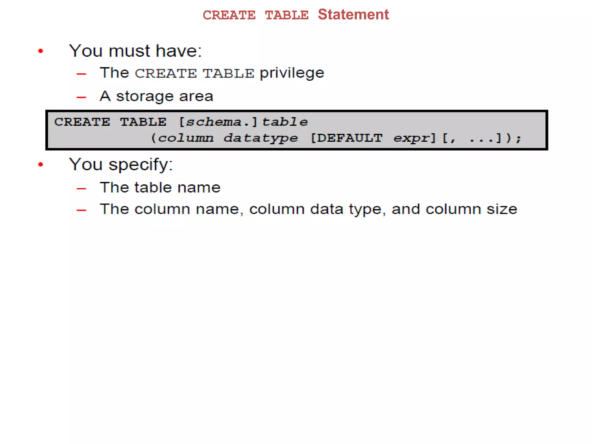 CREATE TABLE Statement
 