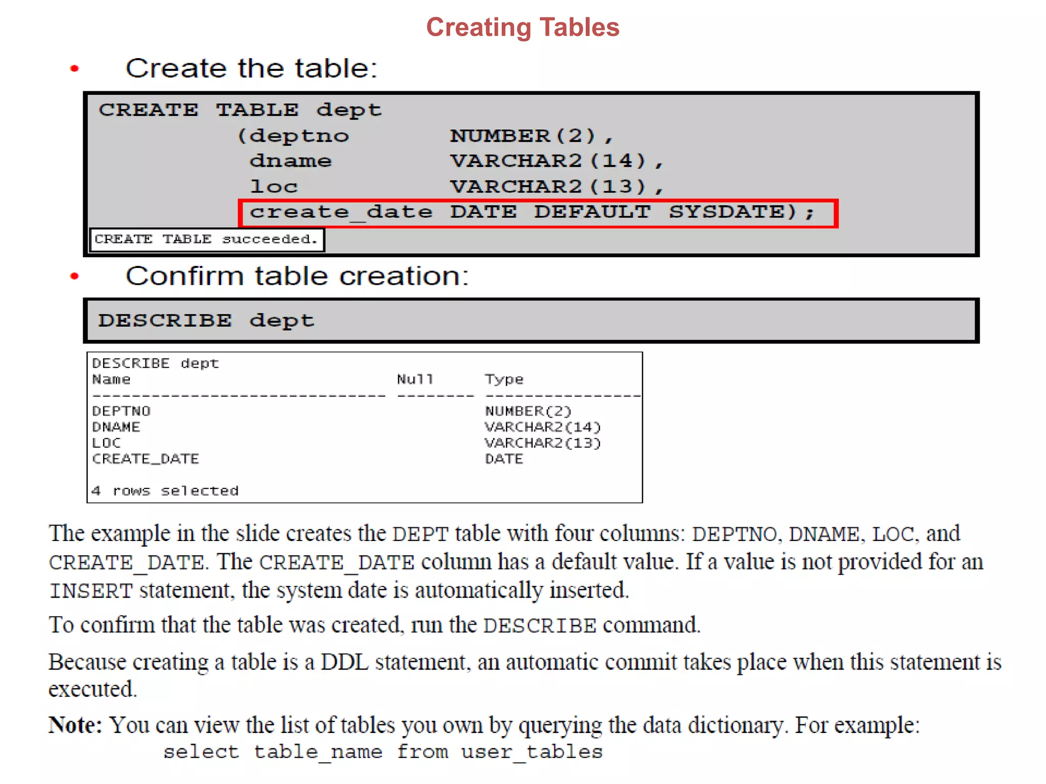 Creating Tables
 