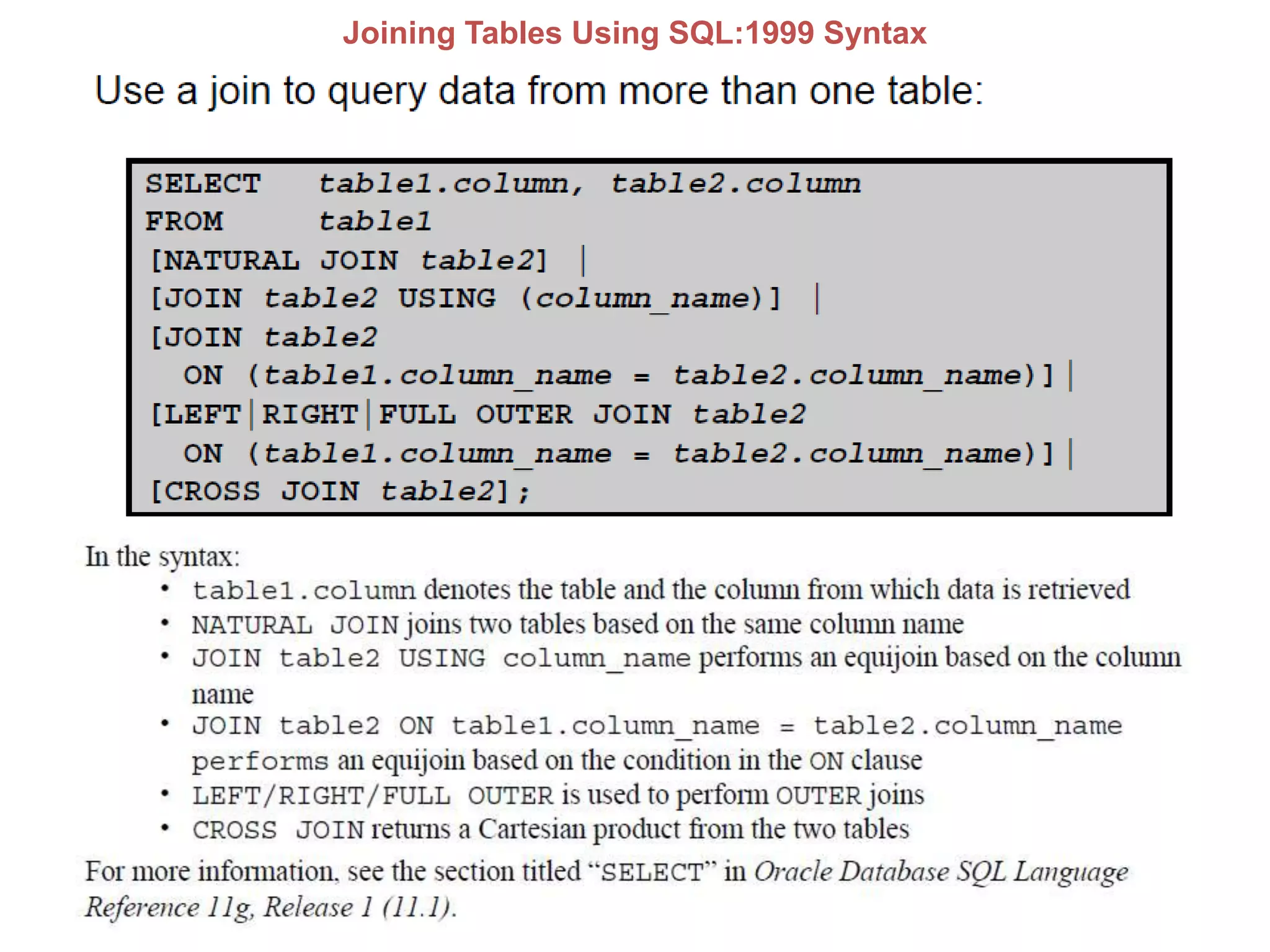 Joining Tables Using SQL:1999 Syntax
 