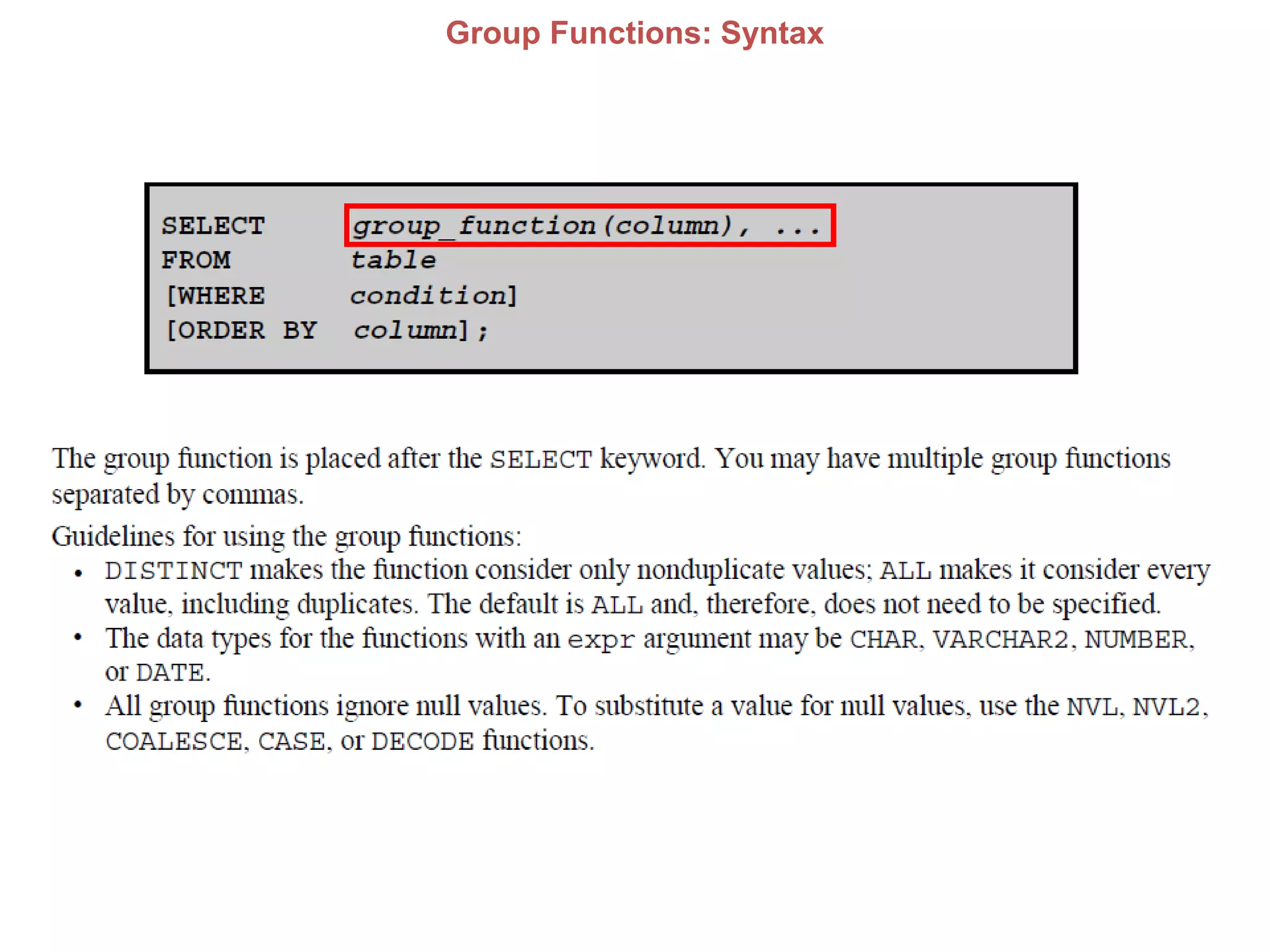 Group Functions: Syntax
 