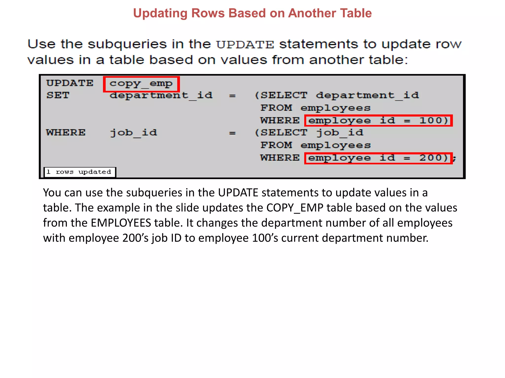 Updating Rows Based on Another Table
You can use the subqueries in the UPDATE statements to update values in a
table. The example in the slide updates the COPY_EMP table based on the values
from the EMPLOYEES table. It changes the department number of all employees
with employee 200’s job ID to employee 100’s current department number.
 