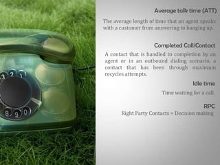 Average talk time (ATT)
The average length of time that an agent speaks
with a customer from answering to hanging up.


                     Completed Call/Contact
A contact that is handled to completion by an
agent or in an outbound dialing scenario, a
contact that has been through maximum
recycles attempts.
                                      Idle time
                        Time waiting for a call.

                                           RPC
       Right Party Contacts = Decision making
 