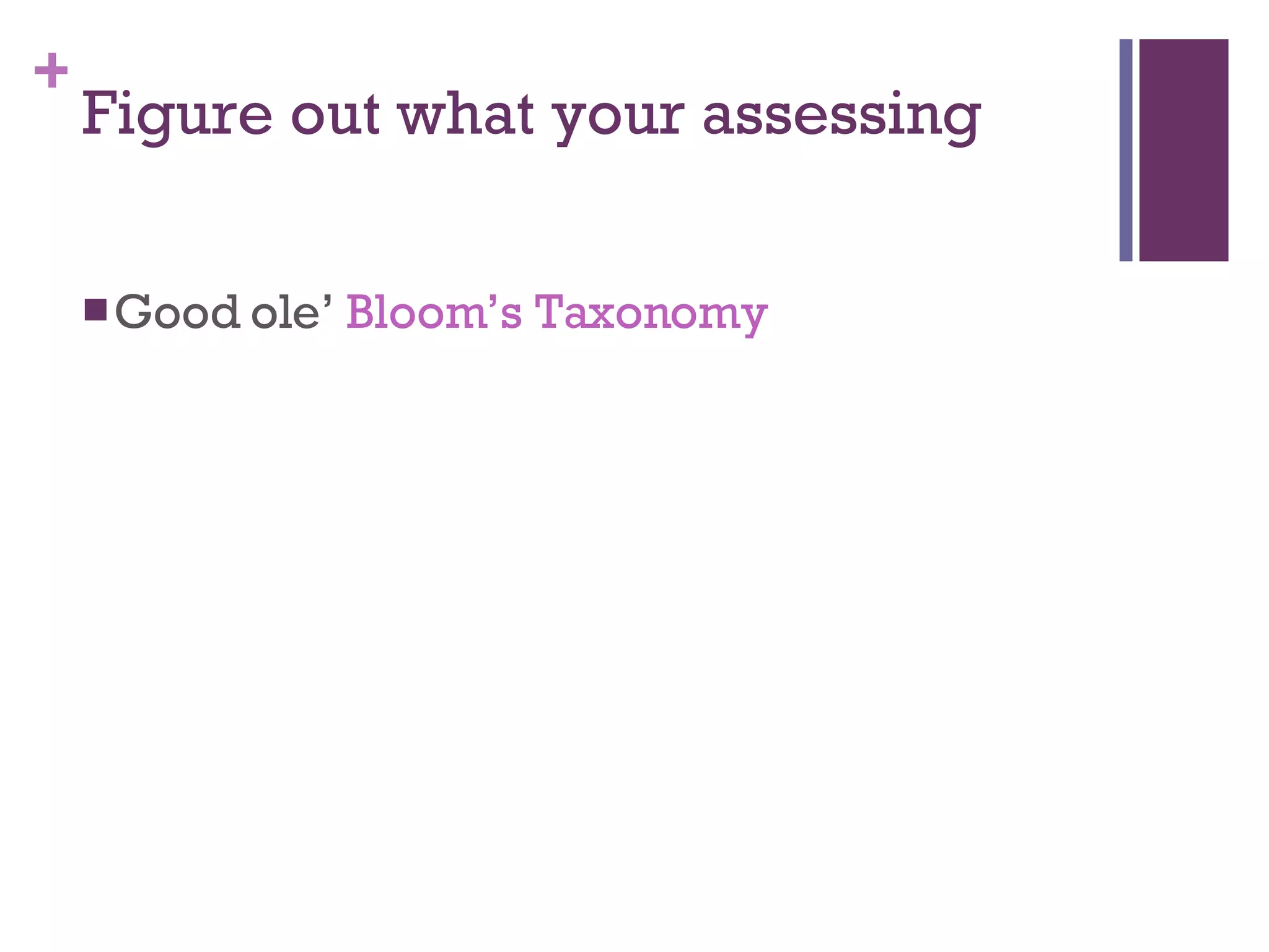 Figure out what your assessing Good ole’  Bloom’s Taxonomy 