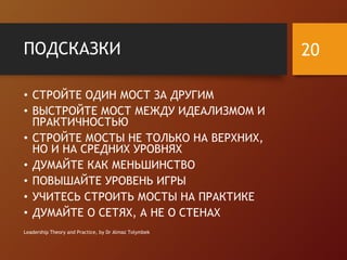 ПОДСКАЗКИ
• СТРОЙТЕ ОДИН МОСТ ЗА ДРУГИМ
• ВЫСТРОЙТЕ МОСТ МЕЖДУ ИДЕАЛИЗМОМ И
ПРАКТИЧНОСТЬЮ
• СТРОЙТЕ МОСТЫ НЕ ТОЛЬКО НА ВЕРХНИХ,
НО И НА СРЕДНИХ УРОВНЯХ
• ДУМАЙТЕ КАК МЕНЬШИНСТВО
• ПОВЫШАЙТЕ УРОВЕНЬ ИГРЫ
• УЧИТЕСЬ СТРОИТЬ МОСТЫ НА ПРАКТИКЕ
• ДУМАЙТЕ О СЕТЯХ, А НЕ О СТЕНАХ
Leadership Theory and Practice, by Dr Almaz Tolymbek
20
 