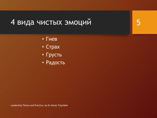 4 вида чистых эмоций
• Гнев
• Страх
• Грусть
• Радость
Leadership Theory and Practice, by Dr Almaz Tolymbek
5
 