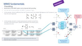 MIMO fundamentals
Precoding
• Performance of the MIMO system can be improved with precoding.
• Let’s start with an easy example: 2x2 MIMO, 1 codeword, 1 layer:
Scrambling
Modulation
mapper
Layer
mapper
Precoding
Resource element
mapper
OFDM signal
generation
Resource element
mapper
OFDM signal
generation
Scrambling
Modulation
mapper
layers antenna ports
codewords
1
-1
1
TX
antenna
port 0
TX
antenna
port 1
RX1
RX2
MIMO
receiver
x1
x2
y1
y2
x1
x2
-1
I
Q
1
x
I
Q
1
11x
h
2
12x
h
I
Q
2
x
I
Q
1
21x
h
2
22x
h
h11
h12
h21
h22
ú
û
ù
ê
ë
é
-
-
=
ú
û
ù
ê
ë
é
1
1
1
1
22
21
12
11
h
h
h
h
• In this example, channel coefficients from the TX antenna port 2 are rotated 180 degrees to the TX antenna 1, and
have the same magnitude:
• Effectively, received signals at each RX antenna cancel each other out.
Only the noise is received!
• In this example, precoder is simply duplicating the symbols received from
the layer to the antenna ports. Symbols transmitted on the antenna ports
are exactly the same.
;
1
1
ú
û
ù
ê
ë
é
=
W
Received symbols
cancelled out
Received symbols
cancelled out
Animation
Only noise is
received
2
1 x
x =
 