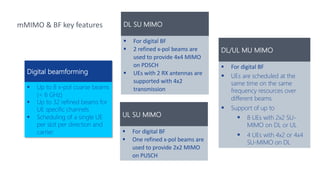 mMIMO & BF key features
Digital beamforming
§ Up to 8 x-pol coarse beams
(< 6 GHz)
§ Up to 32 refined beams for
UE specific channels
§ Scheduling of a single UE
per slot per direction and
carrier
DL SU MIMO
§ For digital BF
§ 2 refined x-pol beams are
used to provide 4x4 MIMO
on PDSCH
§ UEs with 2 RX antennas are
supported with 4x2
transmission
DL/UL MU MIMO
§ For digital BF
§ UEs are scheduled at the
same time on the same
frequency resources over
different beams
§ Support of up to
§ 8 UEs with 2x2 SU-
MIMO on DL or UL
§ 4 UEs with 4x2 or 4x4
SU-MIMO on DL
UL SU MIMO
§ For digital BF
§ One refined x-pol beams are
used to provide 2x2 MIMO
on PUSCH
 