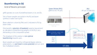 Beamforming in 5G
Internal
Grid of Beams principle
gNB operates on a set of predefined beams in UL and DL.
Sets of beam weights are stored in the RU and beam
synthesis is taken over by RU.
Beam selection is done by RAU and is indicated to RU by
beam index.
One benefit is reduction of baseband capacity requirement
as calculation of beamforming weights on the fly is very
demanding on the computation power.
The drawback of this solution is non-optimal
beamforming towards users.
Beam weights are shared by orthogonal degree antenna
polarizations, i.e. each beam is cross-polarized and can send
two multiplexed streams.
(RU)
(RF part of gNB-DU)
CPRI/eCPRI One beam
AirScale System Module
ASIK+ABIL
System Module (RAU)
(gNB-DU excl. RF part)
Antenna
elements
MAC scheduler, adapt rank,
MCS, beam, PMI
UE data
Rank,
PMI,
MCS
GoB
Beam_1: {w1,w2… wn}
Beam_2: {w1,w2… wn}
…
Beam_n: {w1,w2… wn}
 