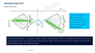 Beamforming in 5G
Beamforming
Internal Use
The transmission of
data (& control
information) to any
individual UE is done
with the help of the
narrow beams.
Each individual beam is a signal limited in space (narrow beam), that is intended to reach the user (or
users) placed in the coverage zone of that specific beam but that is not visible to other users (it’s still
detected by others, but with low level)
time
 
