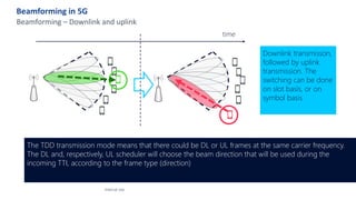 Beamforming in 5G
Beamforming – Downlink and uplink
Internal Use
The TDD transmission mode means that there could be DL or UL frames at the same carrier frequency.
The DL and, respectively, UL scheduler will choose the beam direction that will be used during the
incoming TTI, according to the frame type (direction)
time
Downlink transmisson,
followed by uplink
transmission. The
switching can be done
on slot basis, or on
symbol basis
 