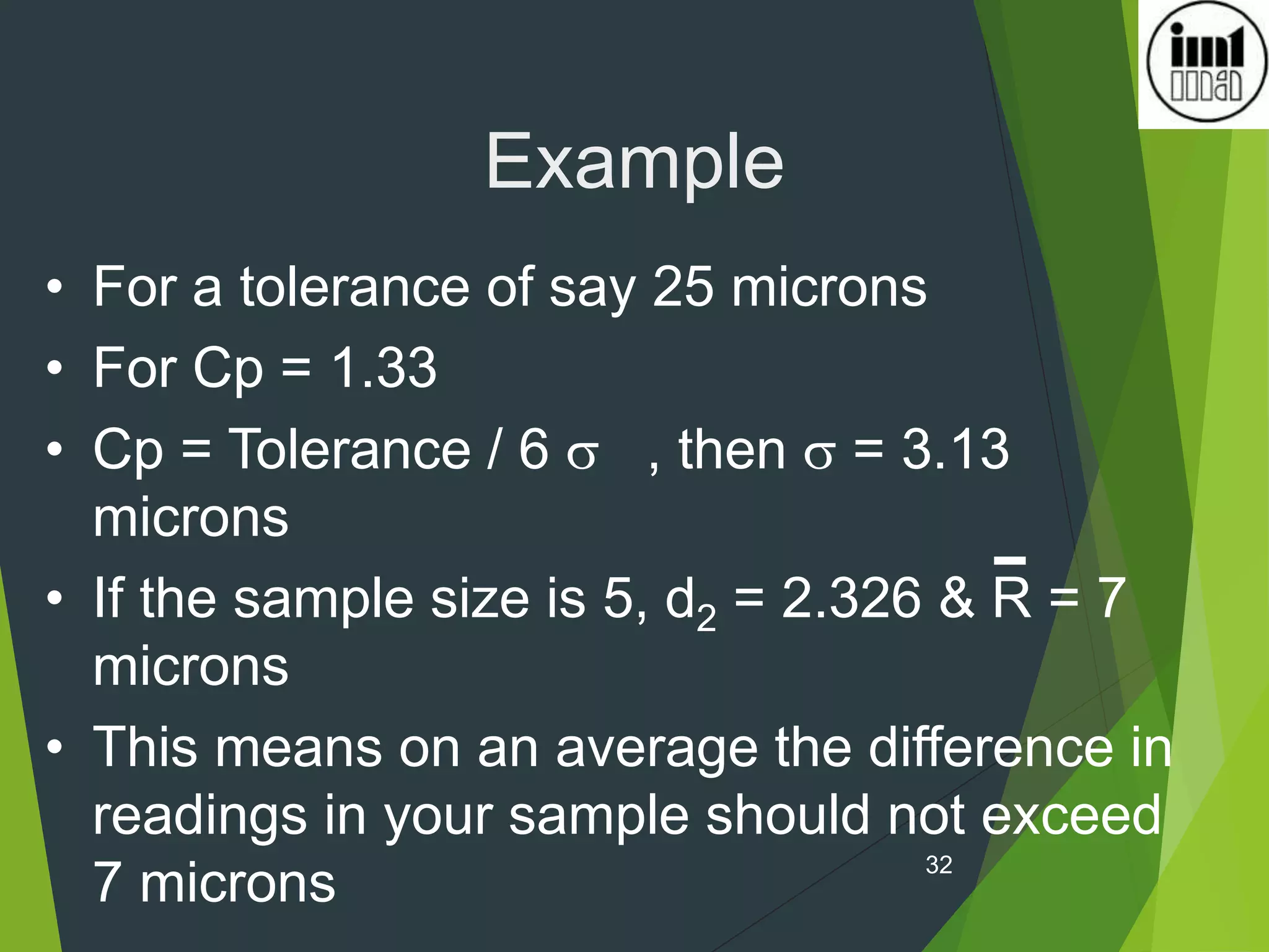 32
Example
• For a tolerance of say 25 microns
• For Cp = 1.33
• Cp = Tolerance / 6  , then  = 3.13
microns
• If the sample size is 5, d2 = 2.326 & R = 7
microns
• This means on an average the difference in
readings in your sample should not exceed
7 microns
 