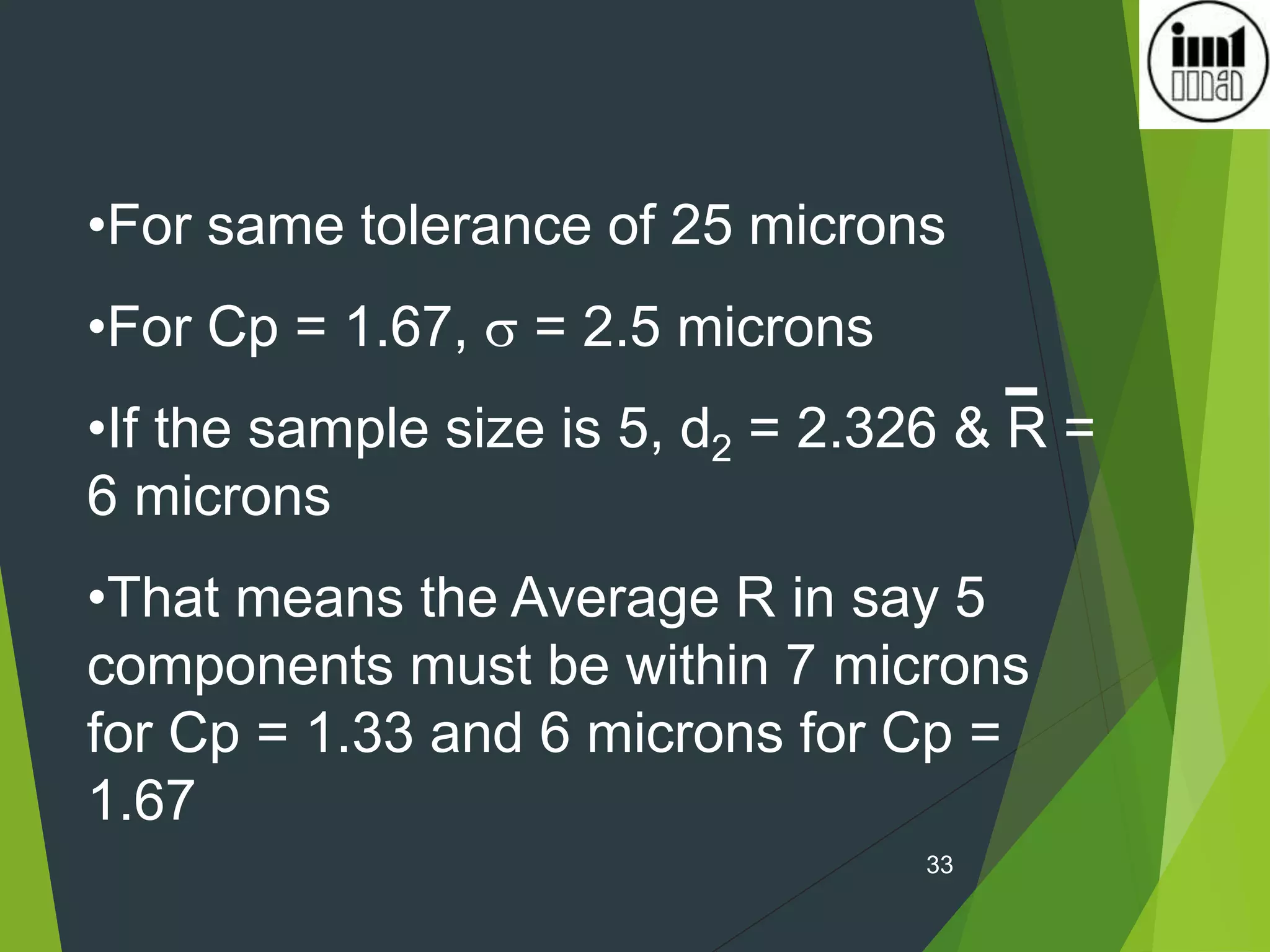 33
•For same tolerance of 25 microns
•For Cp = 1.67,  = 2.5 microns
•If the sample size is 5, d2 = 2.326 & R =
6 microns
•That means the Average R in say 5
components must be within 7 microns
for Cp = 1.33 and 6 microns for Cp =
1.67
 
