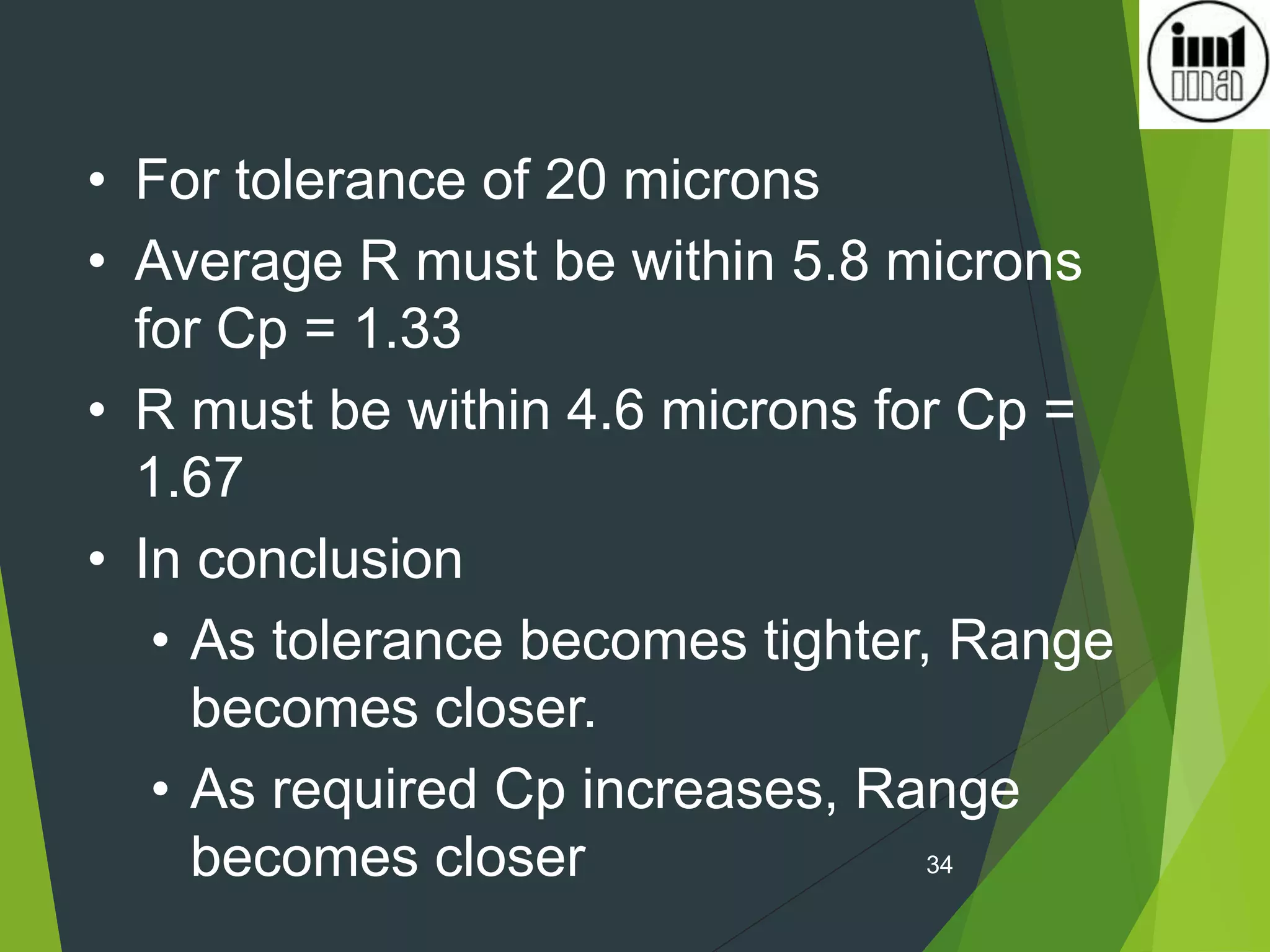 34
• For tolerance of 20 microns
• Average R must be within 5.8 microns
for Cp = 1.33
• R must be within 4.6 microns for Cp =
1.67
• In conclusion
• As tolerance becomes tighter, Range
becomes closer.
• As required Cp increases, Range
becomes closer
 