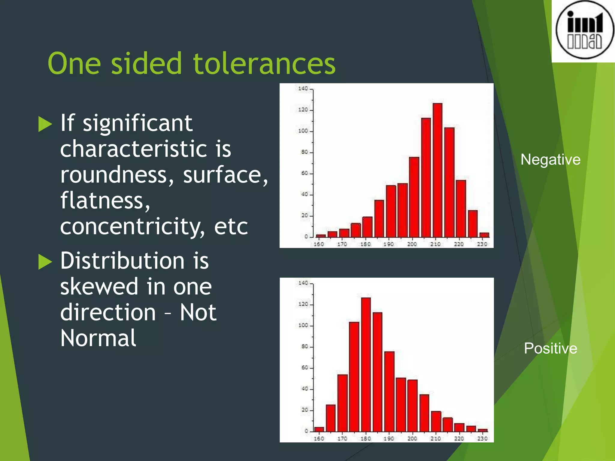 One sided tolerances
 If significant
characteristic is
roundness, surface,
flatness,
concentricity, etc
 Distribution is
skewed in one
direction – Not
Normal
49
Positive
Negative
 