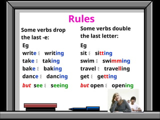 Rules
Some verbs drop
the last -e:
Eg
write  writing
take  taking
bake  baking
dance  dancing
but see  seeing
Some verbs double
the last letter:
Eg
sit  sitting
swim  swimming
travel  travelling
get  getting
but open  opening
 