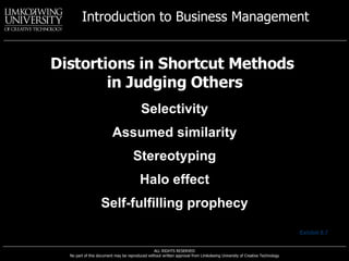 Distortions in Shortcut Methods  in Judging Others Selectivity Assumed similarity Stereotyping Halo effect Self-fulfilling prophecy Exhibit 8.7 
