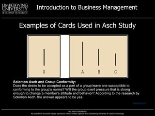 Examples of Cards Used in Asch Study Solomon Asch and Group Conformity: Does the desire to be accepted as a part of a group leave one susceptible to conforming to the group’s norms? Will the group exert pressure that is strong enough to change a member’s attitude and behavior? According to the research by Solomon Asch, the answer appears to be yes. Exhibit 8.9 