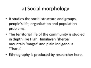 a) Social morphology
• It studies the social structure and groups,
people’s life, organization and population
problems.
• ...