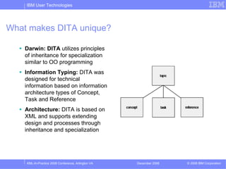 IBM User Technologies




What makes DITA unique?

    Darwin: DITA utilizes principles
    of inheritance for specialization
    similar to OO programming
    Information Typing: DITA was
    designed for technical
    information based on information
    architecture types of Concept,
    Task and Reference
    Architecture: DITA is based on
    XML and supports extending
    design and processes through
    inheritance and specialization




    XML-In-Practice 2008 Conference, Arlington VA   December 2008   © 2008 IBM Corporation
 