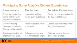 Prototyping Some Adaptive Content Experiences
@DonRDay • @JennyLMagic • #intelcontent
If your content is: Then this logic: Can deliver this experience:
Richly structured (e.g.
terms/ definitions in
separate containers).
User agent sniffing,
media query subsetting
Content scope appropriate for
the device of the user.
Described using
meaningful metadata
(e.g. specific persona).
Facets in search; filters
in retrieval
Content selected/adapted for
the goals of the user.
Configured to align with
organizational goals.
Rules processed by a
recommendation engine
Relevant content the user
didn’t know existed.
 