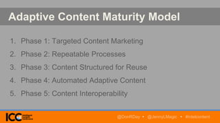 Adaptive Content Maturity Model
1. Phase 1: Targeted Content Marketing
2. Phase 2: Repeatable Processes
3. Phase 3: Content Structured for Reuse
4. Phase 4: Automated Adaptive Content
5. Phase 5: Content Interoperability
@DonRDay • @JennyLMagic • #intelcontent
 