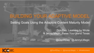 BUILDING YOUR ADAPTIVE MODEL
Setting Goals Using the Adaptive Content Maturity Model
Don Day, Learning by Wrote
& Jenny Magic, Raise Your Hand Texas
@DonRDay @JennyLMagic
@DonRDay • @JennyLMagic • #intelcontent
 