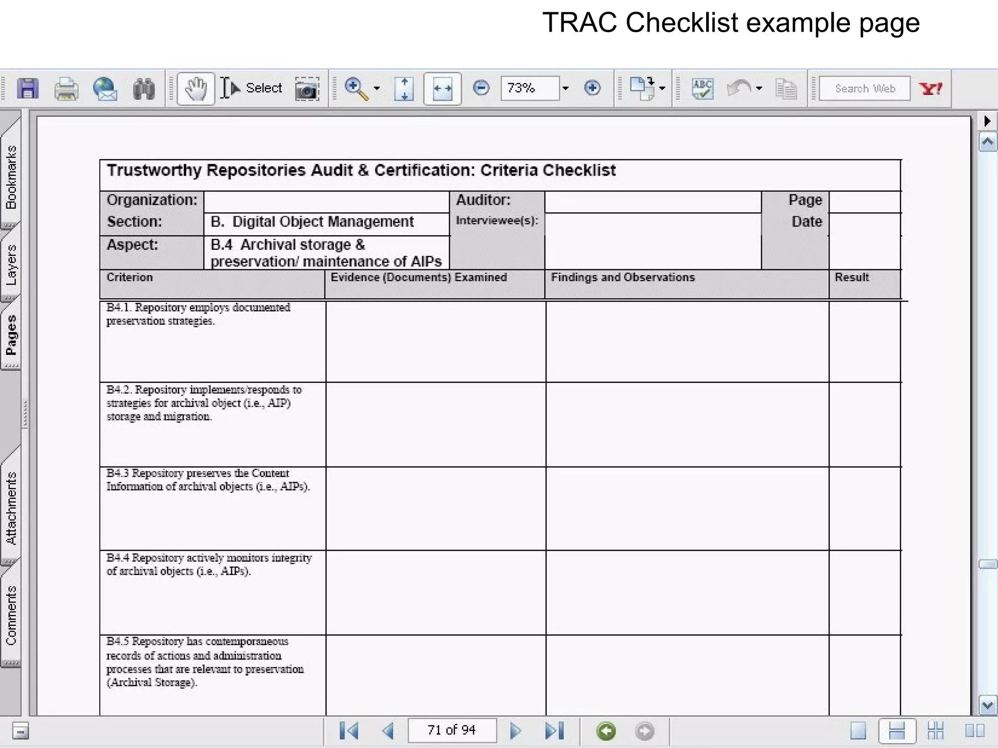 TRAC Checklist example page 