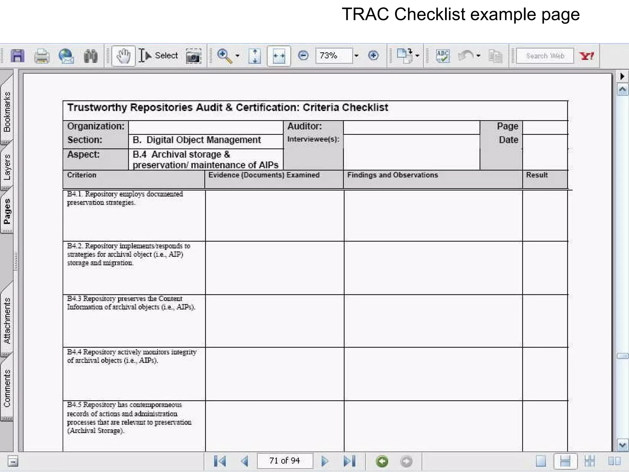 TRAC Checklist example page 